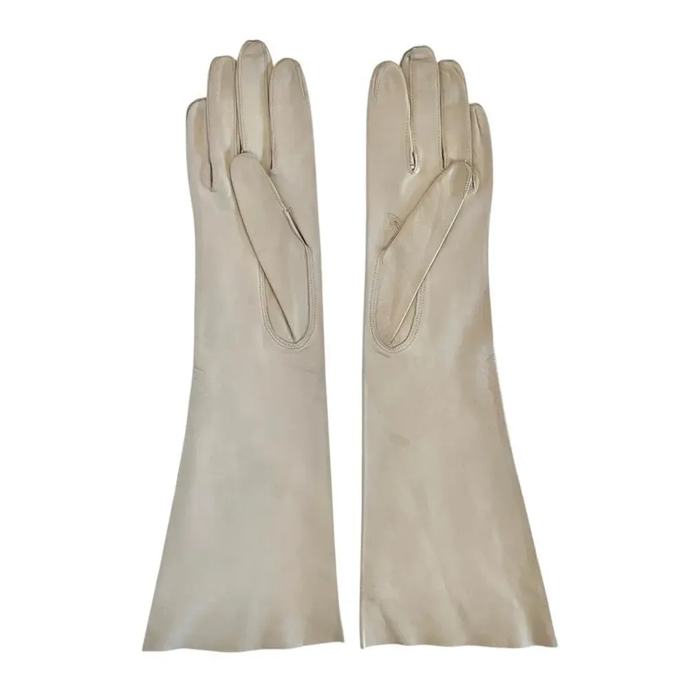 Vintage Kidskin Bone White Italian Leather Forearm Long Evening Gloves Sz 6/6.5